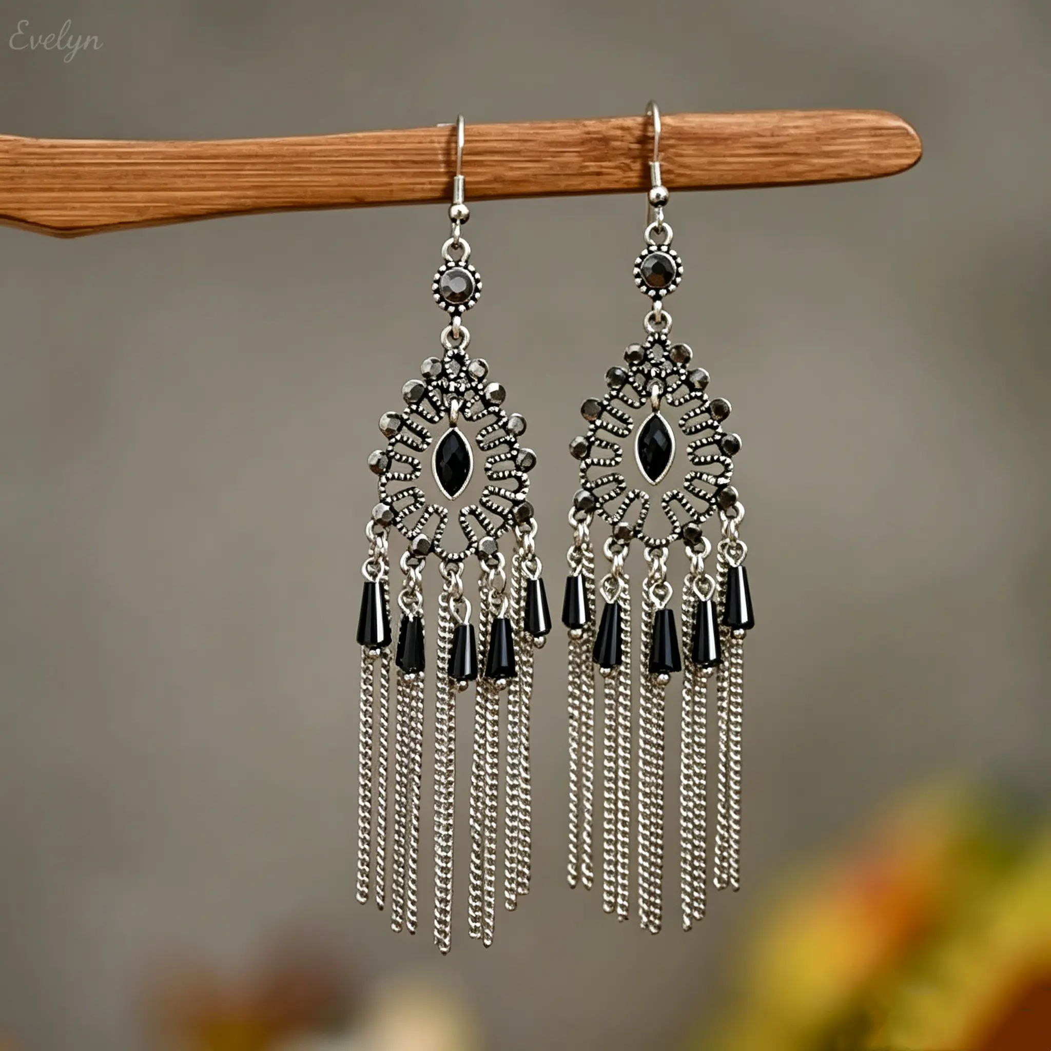 Boho Vintage Dangle Earrings with Filigree and Black Rhinestone, Gothic Long Fringe Tassel Hooks for Women, Statement Alloy Accessory, Drop Earrings, Silver, Filigree Stone, Party Wear, Women's Fashion, Alt Earrings
