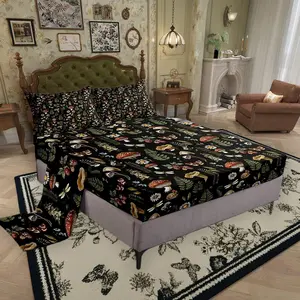 Mushroom Bed Sheet Natural Butterfly Wild Plant Leaves Decor Sheets for Kids Teens Adults Outdoor Jungle Rustic Farmhouse Style Bedding Set with Flat,Fitted Sheet