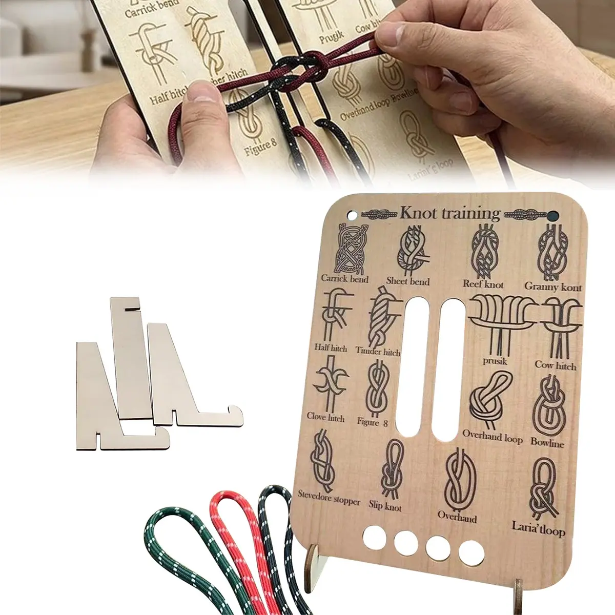 Knot Training Tying Practice Board with 3 Paracords – 16 Essential Knots Wooden Trainer for Camping, Rock Climbing & Survival Skills