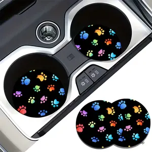 2Pcs Colorful Dog Paw Car Cup Coaster Absorbent Ceramic Cup Holder Mat Rainbow Pet Lover Aesthetic Car Gadget Travel Road Trip Birthday Gift