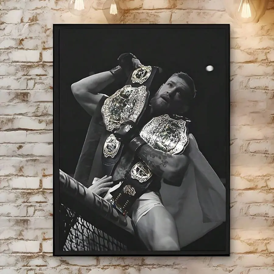 Conor McGregor UFC Champion Canvas Wall Art Photo - 12×18in(30×45cm) Waterproof Black and White Framed/Unframed MMA Legend Belt-Holding Poster, Home Decor Decoration for Man Cave Room, Balcony, Wardrobe Hanging Gift