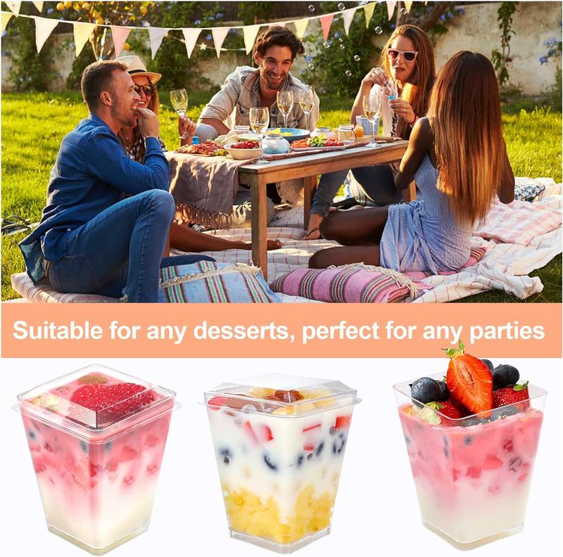 5oz Crystal Plastic Dessert Cups with Lids & Spoons - Disposable Square Parfait Cups for Mousse, Tiramisu, Pudding, Party & Catering