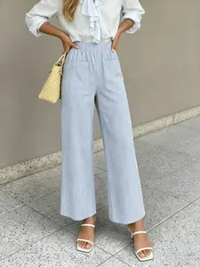 Women's Light Blue Striped Wide Leg Pants, Elastic High Waist Dual Pockets, Loose Fit, Conceals Fat, Casual Outdoor Sports Pants