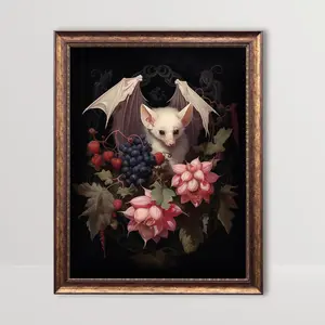 Room Decor, Botanical Gothic Wall Art Whimsigoth Decor, Dark Cottagecore Goth Print, Floral Vintage Printing, Dark Academia, Albino Fruit Bat, No Frame