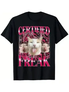 Certified Freak Funny Cat Meme T-Shirt Round Neck Vibrant Graphic Design Short Sleeve Machine Washable Casual Sporty Shirt for T