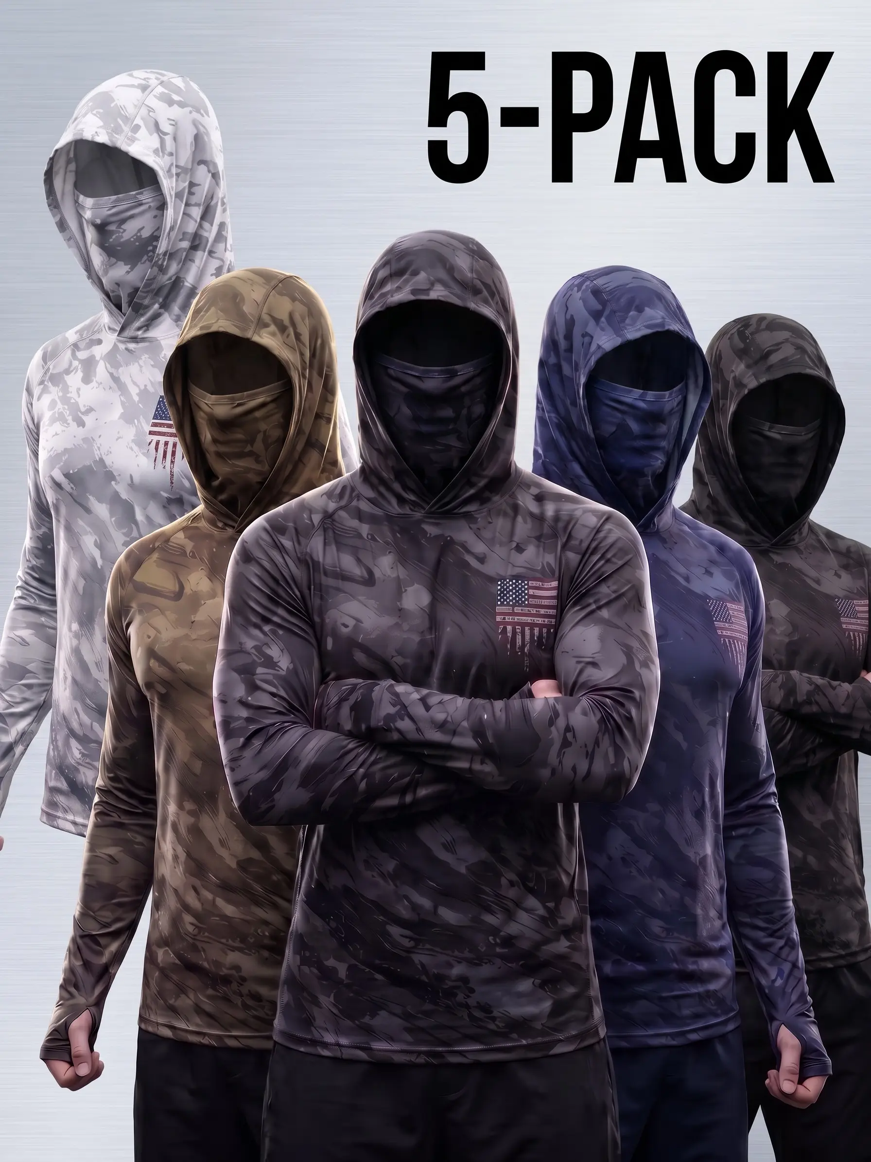 5-Pack Men's Camouflage Balaclava Hoodies Built-In Face Mask Long Sleeve Tactical Shirts USA Flag Print UPF Sun Protection Fishing Hunting Outdoor Work Workout Running Gym High Stretch Performance Athletic Tops Thumbhole Camping Travel Essentials