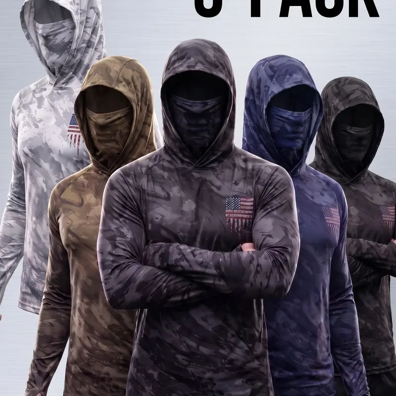 Unisex Polyester Balaclava Hoodie - 5-Piece Elastic Breathable Sportswear, Built-In Face Mask, Long Sleeve Tactical Top with USA Flag Print, UPF Sun Protection, High Stretch Dry Fit Activewear Athletic Fitness Clothes Top, Thumbholes for Fishing, Hunting