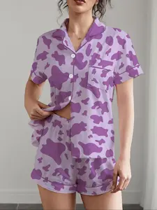 Women's Cow Pattern Pajama Set, Casual All-Over Print Sleepwear Loungewear Outfit, Soft Shirt Collar Top & Elastic Shorts, Comfortable Home Wear