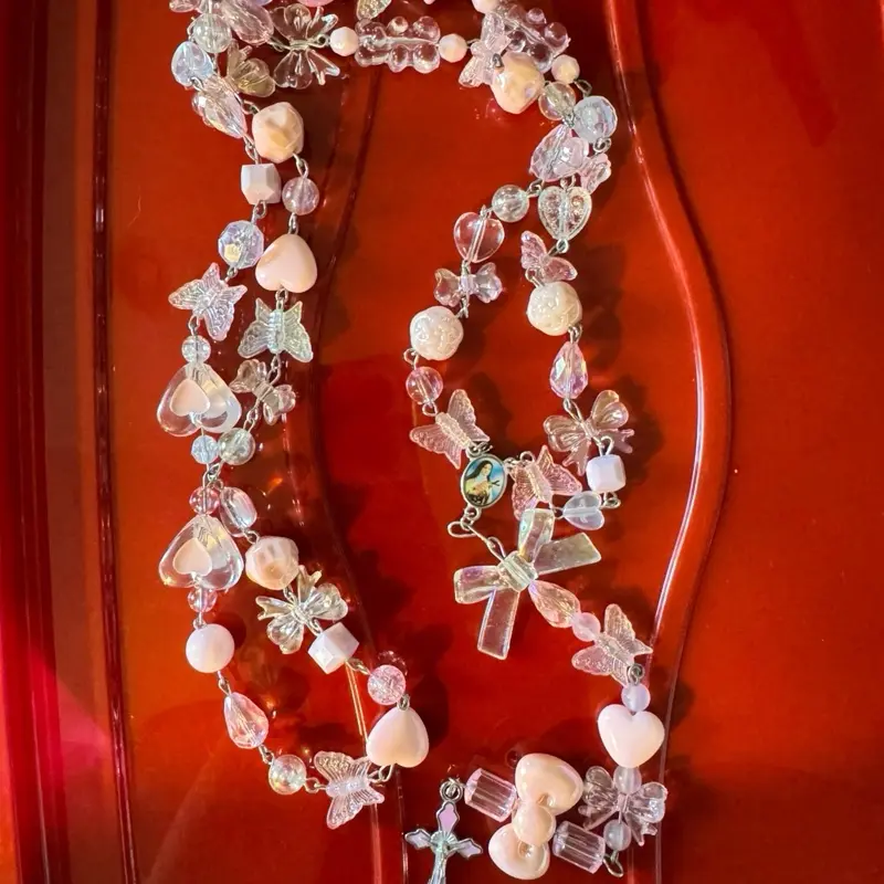 Pink Hearts & Butterfly Rosary - Elegant Design with Heart and Butterfly Charms Metal Coating Faux Gems Bows Spiritual Devotion Gift