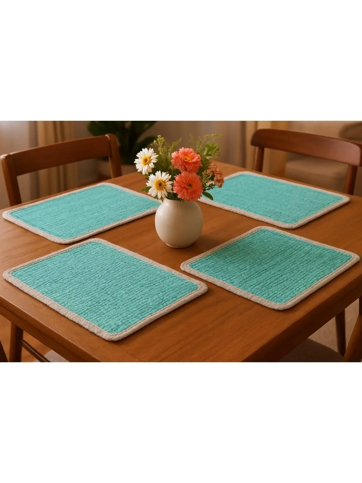 212 MAIN 4-Piece Bohemian Geometric Cotton Rectangle Placemat & Coaster Set - Handcrafted by Skilled Artisans, 19in x 13in x 0.3in, Turquoise & Natural Solid-Bordered Kitchen Dinnerware Accessory for Casual Dining Room Entertaining, Bohemian Placemats & C