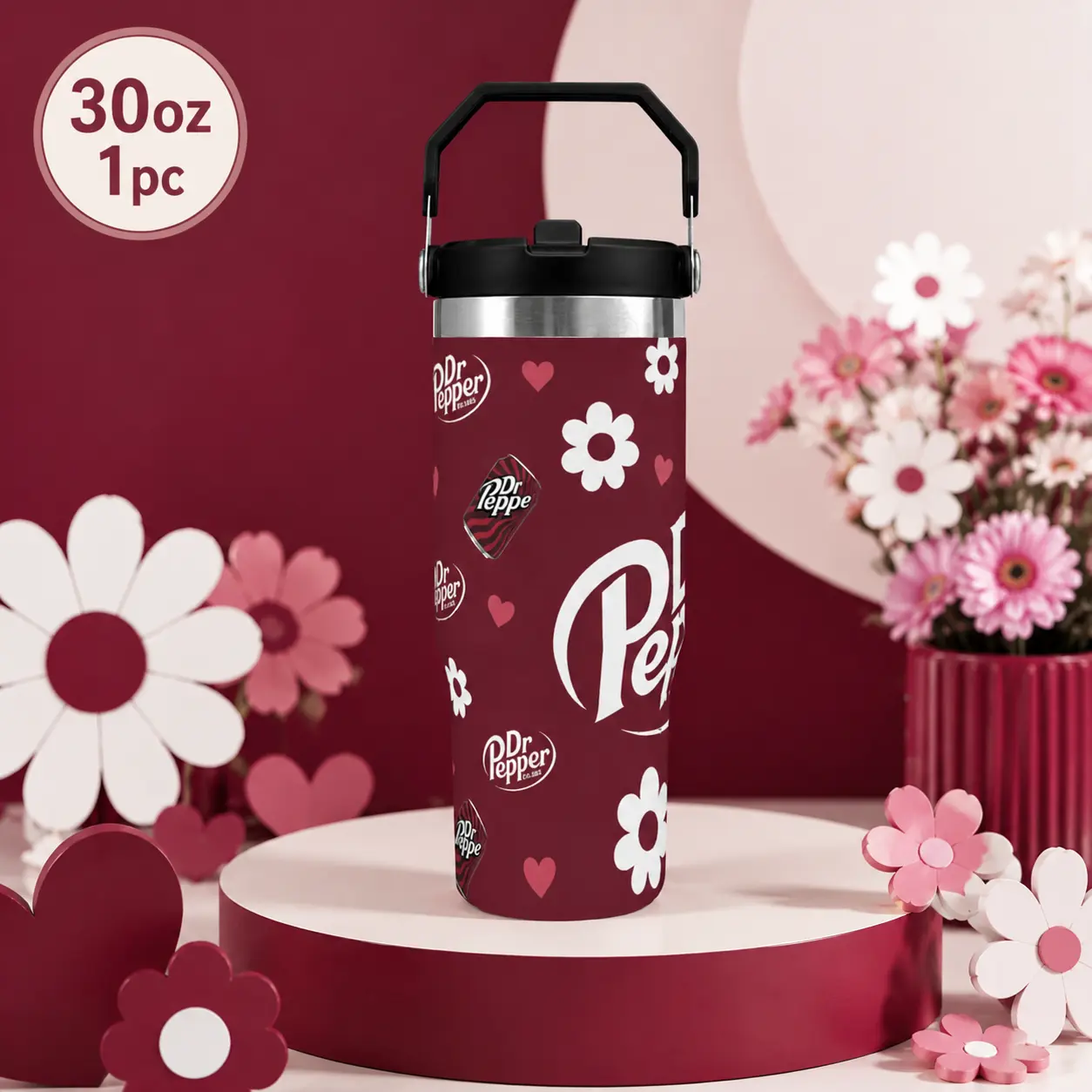 30oz DrPepper Stainless Steel Insulated Tumbler Water Bottle with Handle Lid Straw Leak Travel Mug Large CapacityReusable Cold Drink Cup for Home Car Cup Holder SummerEssential Gift Trendy Drinkware for WomenMen Teens Daily Use for Pepper Lover
