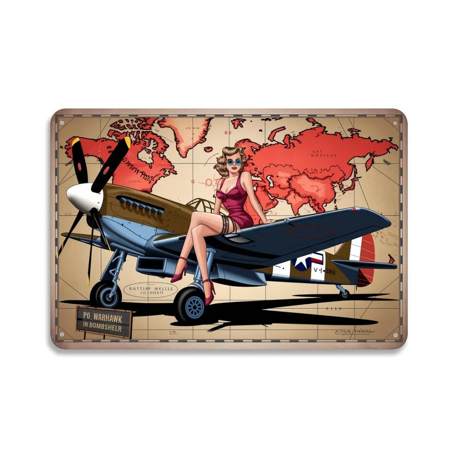 Vintage Pinup Girl World War II P40 Warhawk Fighter Plane Metal Sign Print Aesthetic Room Decoration for Home Bedroom Kitchen Dorm Bathroom Wall Decor 8 X 12， Easy to Hang