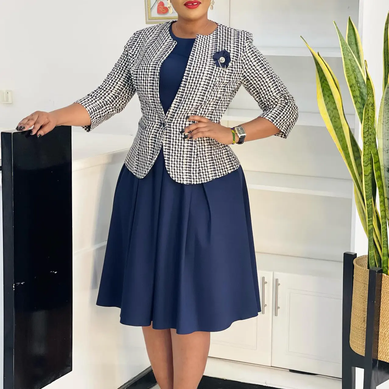 Mina Women's Winter Fashion Navy Blue Long Sleeve Jacket & Printed Dress  Set Fitted Elegant Formal Chic Style - TikTok Shop