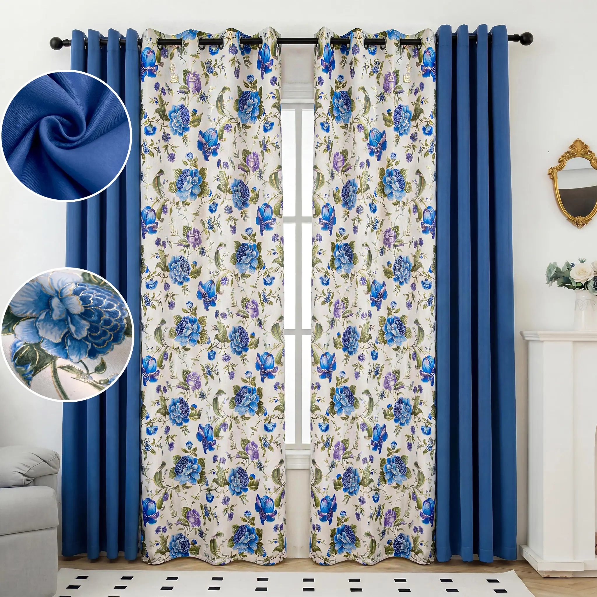 4 Panels Combination Including: 2 Panels Metallic Printed Full Blackout Curtains & 2 Panels Solid Full Blackout Curtains 54x84 inch，Living Room Bathroom Grommet Summer gift Thermal Insulated Noise Reducing Light Blocking holiday decoration bedroom uv