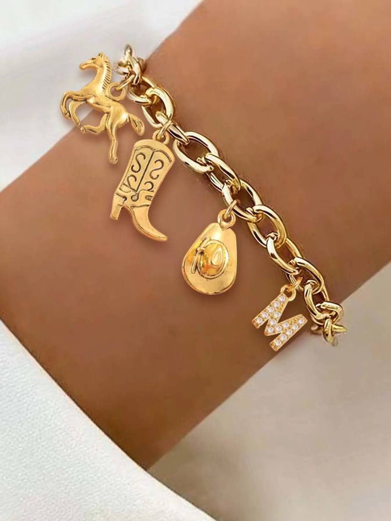 Women's Fashion Stainless Steel Chain Bracelet, Western Cowboy Hat Boots Horse Head Letter Pendant, Casual All Seasons Jewelry, Letter Link Bracelet