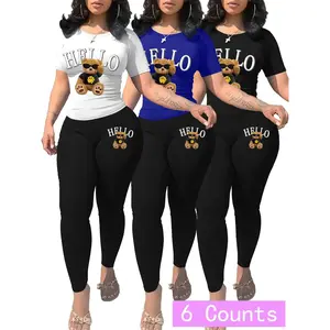 Women’s Cartoon Bear Print T-Shirt & Legging Set, Casual Comfortable Crew Neck Short-Sleeve T-Shirt & Skinny Pants for Everyday Wear, Women’s Spring & Autumn Clothing