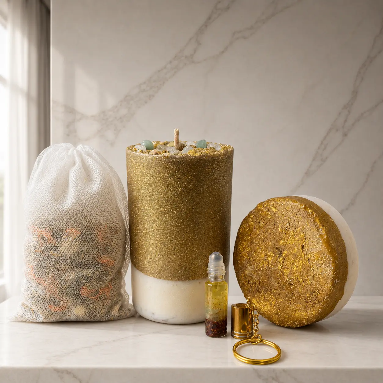 Abundance Ultimate Ritual | Money Soap, Candle, Bath Bag & Keychain Set