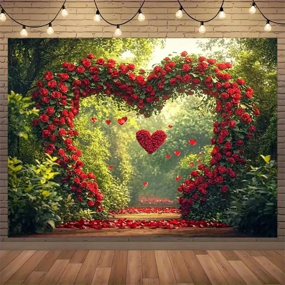 1PC Reusable Polyester 2D Flat Romantic Love Heart Rose Arch Tapestry Banner - Forest-Style Wedding, Birthday Decoration, Home Supplies Wall Hanging, Photography Backdrop