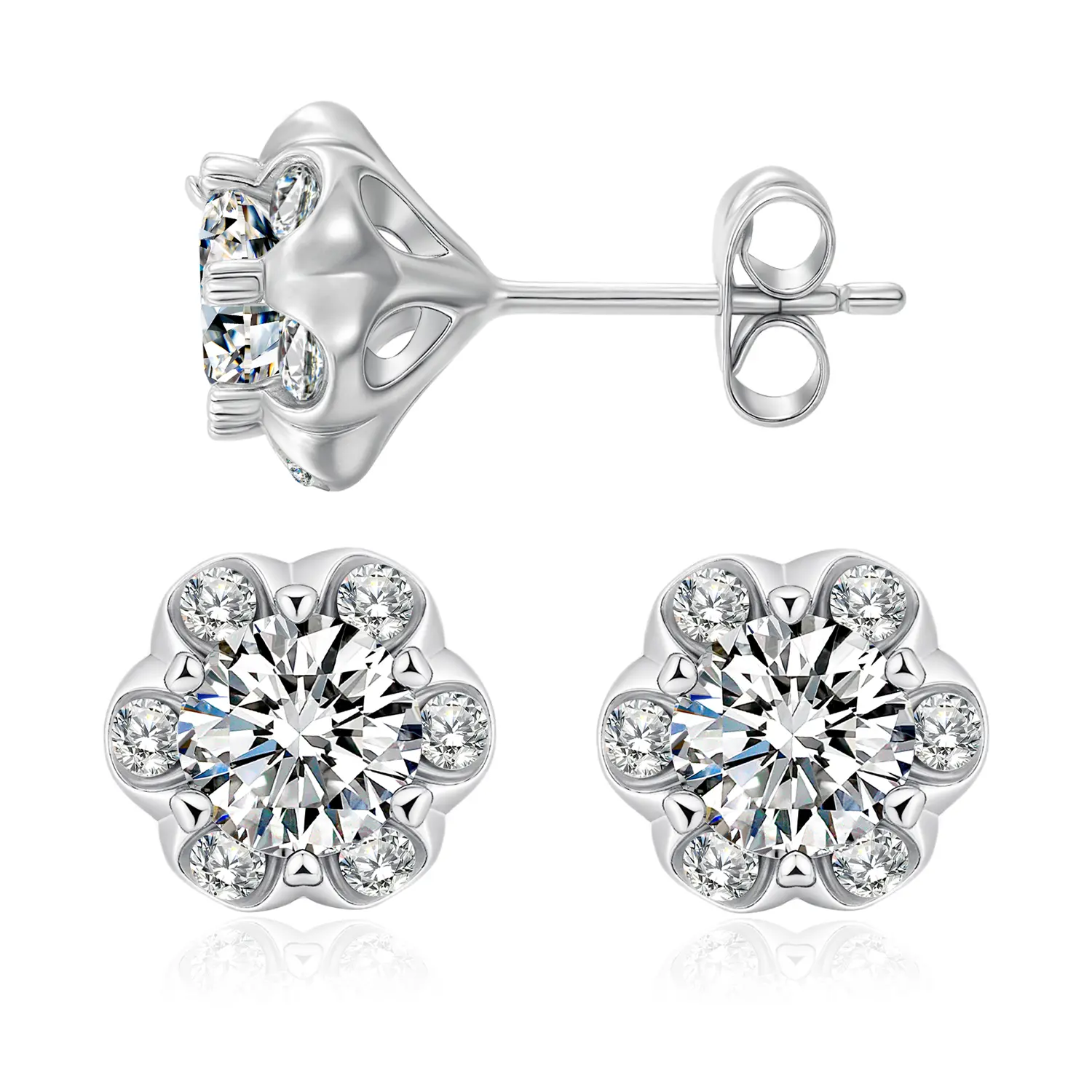 HELLOICE Big Moissanite Stud Earrings for Men 0.6ct/1ct/2ct D Color VVS1 Synthetic Flower Moissanite 925 Sterling Silver Earrings Hypoallergenic Jewelry Gifts Pretty Studs