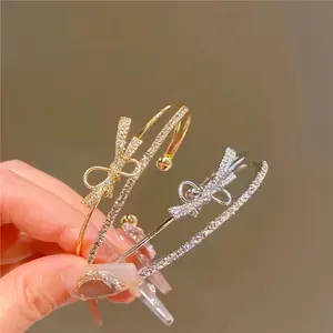 Elegant Gold Bow Bracelet – Cubic Zirconia Open Cuff Bracelet for Women, Vintage Style Jewelry