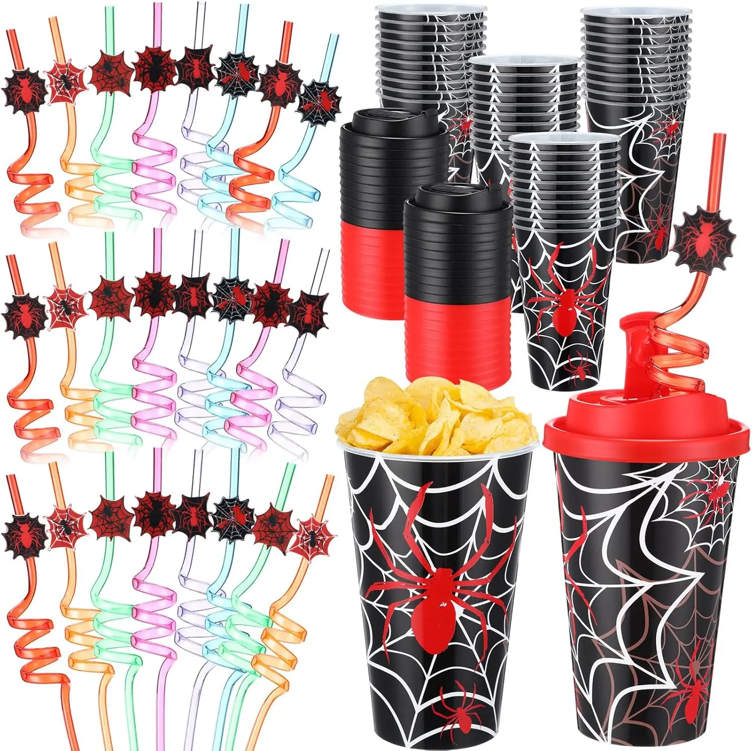 Halloween fall Gift 24 Sets Spider Party Favors Goodie Cups with Lids and Straws for Halloween Party Decorations Reusable 16oz Plastic Candy Cups Plastic Straws for Birthday Gift (Spider)