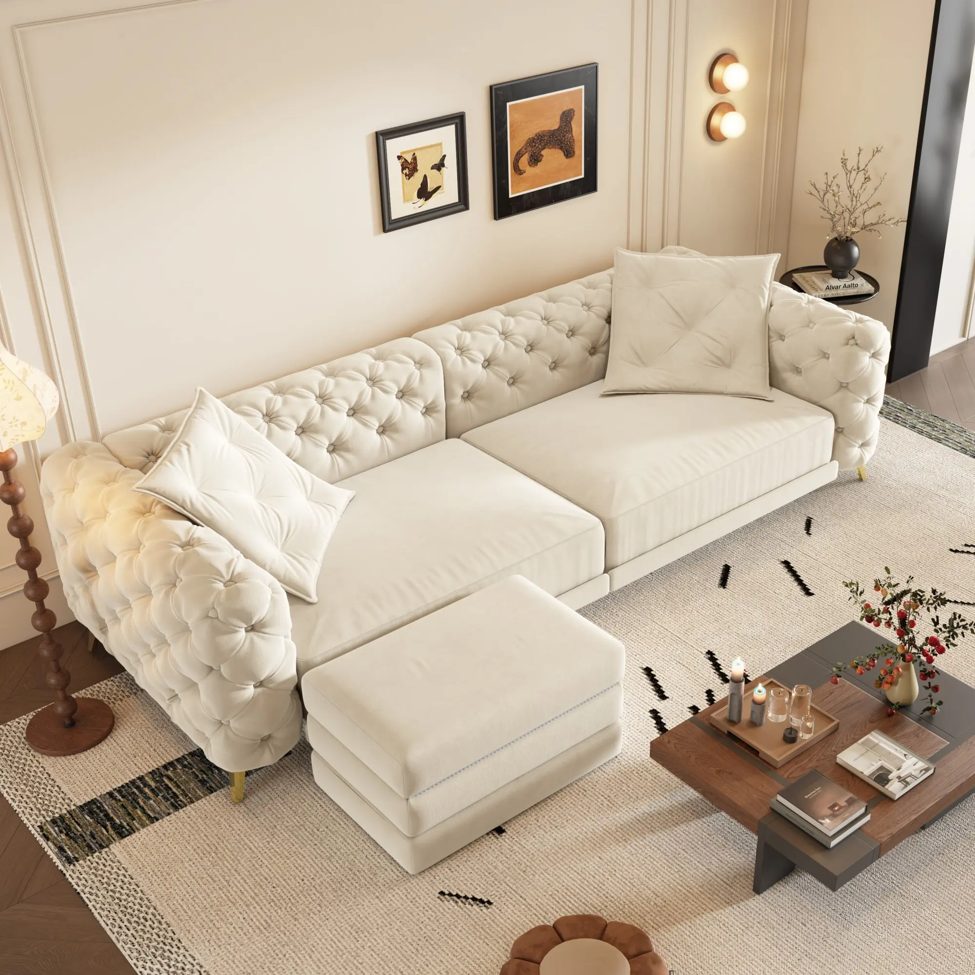 Eyisean 97.7" Velvet 3-in-1 Pull Out Couch Bed, Deep Seat Convertible Sleeper Sofa with Movable Ottoman, Button Tufted Chesterfield Sofa, King Size Pull Out Sofa Bed for Small Space/Apartment