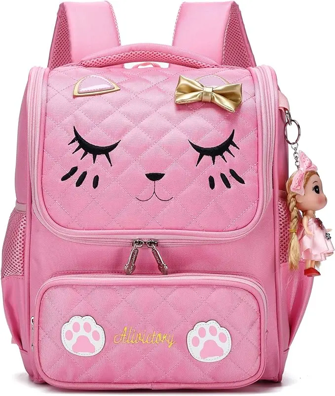 Cute Versatile Cat Princess Backpack for Girls - Cartoon, Water-Resistant PU Leather School Bookbag for Preschool & Elementary, Includes Doll, Cute Versatile Backpack, School Supplies, Children