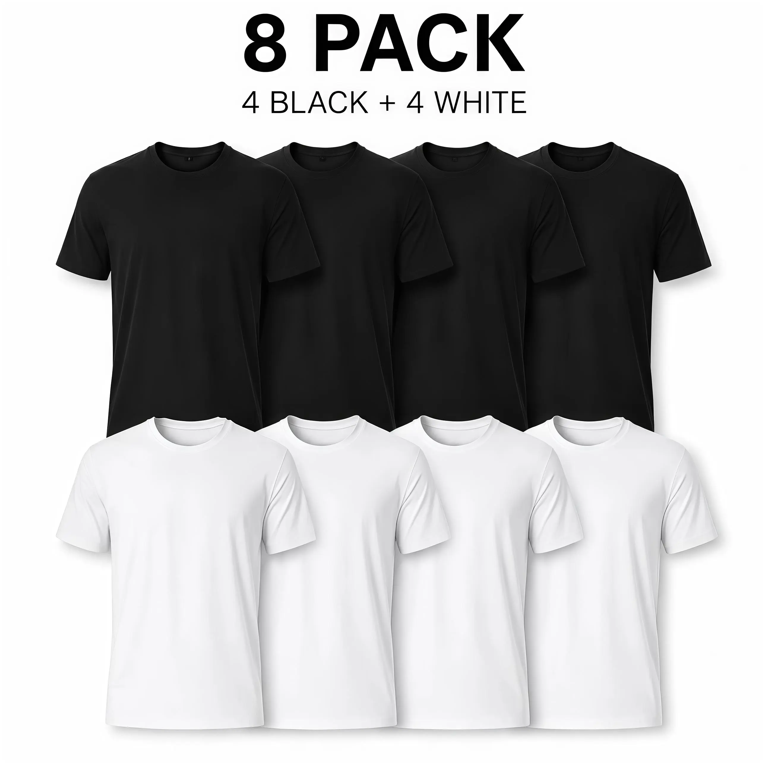 Essential 8-Pack $28.99 Men's T-Shirts, Cotton Blend Crew Neck Tee in 4 Black & 4 White, Plain Short Sleeve Comfy Athletic Undershirts for Casual Wear, oversize shirt, Unisex Breathable Streetwear Top, Gifts for Men Women