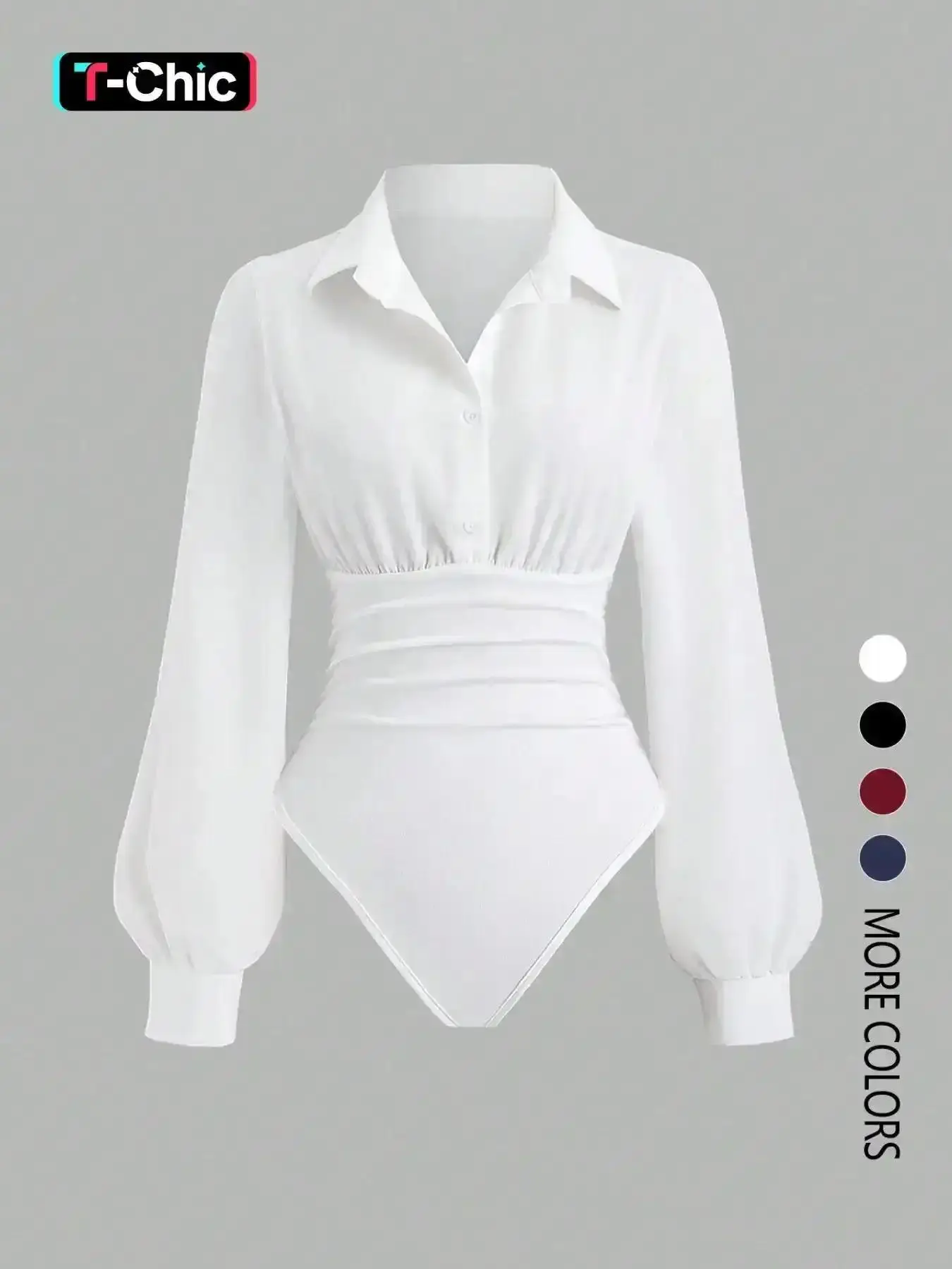 Women's Solid Color Slim-Fit Collared Long-Sleeve Shirt Bodysuit, Elegant Woven Fabric, Suitable for All Seasons, Easy to Layer, Womenswear, Versatile, Elevated Basics, Everyday, Effortless Style, Loungewear