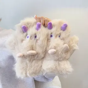 New Cute Long-Haired Elf Plush Gloves Thick Strap Mittens for Cozy Winter Wear with Adorable Details