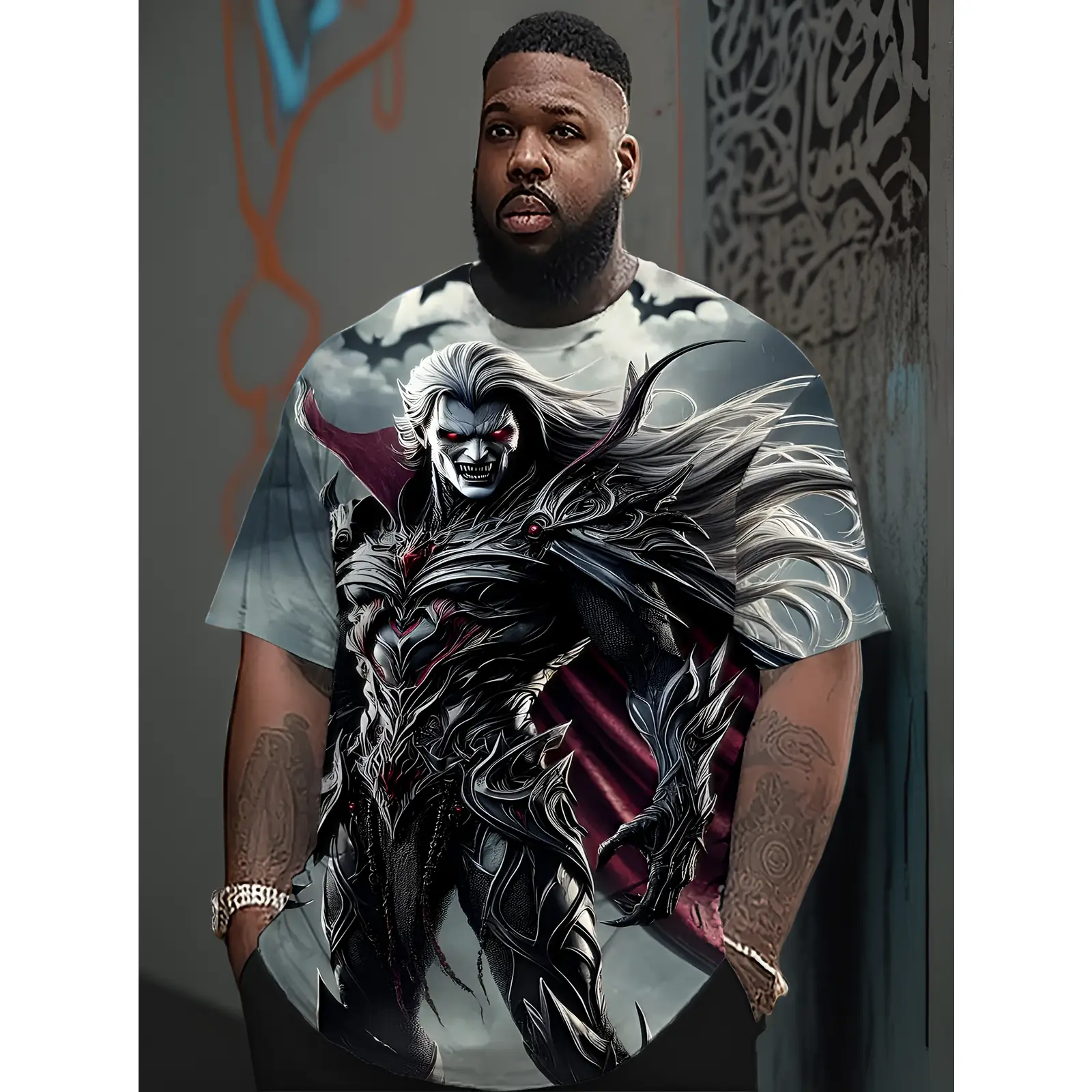 Plus Size Men's Polyester Knit Shortsleeve Tshirt - Vampire Dark Design, Night & Bat Color Scheme, Casual Crew Neck, Medium Stretch, Machine Washable, Non-See-Through Polyester Fabric, Suitable for Parties & Casual Wear
