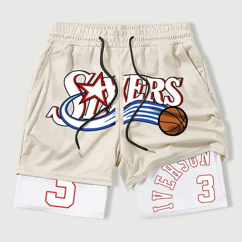 Men's Basketball Print 2-in-1 Sports Shorts, Casual Regular-Fit Breathable Comfortable Shorts for Gym, Workout & Running, Men's Bottoms for Summer, Active Shorts