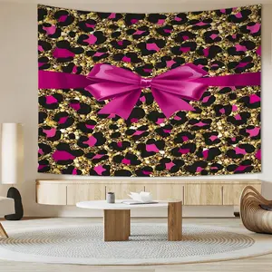 [Digitally Printed Tapestry] Leopard Print Wall Tapestry with Cute Red Bows, Chic Aesthetic Wall Hanging, Digital Printed Art Decor for Living Room & Bedroom, Soft Fabric Tapestry for Apartment, Trendy Home Decor Gift, Aesthetic Aesthetic Backdrop.