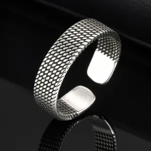 Vnox 5.7mm Woven Textured Open Ring for Men Boys, Adjustable Simple Metal Finger Band, Vintage Male Jewelry