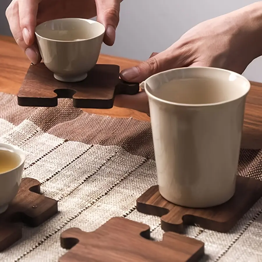 Vintage Wooden Puzzle Coasters Set, Bar Table Atmosphere Decoration, Heat-Resistant Wood Coaster, Casual Style, Made in China
