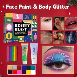 Collection 24-Piece Holiday Gift Set Complete beginner's makeup collection featuring eyeshadow, foundation, lipstick, blush, eyeliner, highlighter, freckle pen, and glitter gel. A delightful surprise gift box designed for young women.