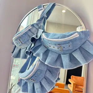 FANNYSOFAB Denim Buckle Ruffle Skirt Bag - Stylish and Unique Design with Buckles and Ruffles