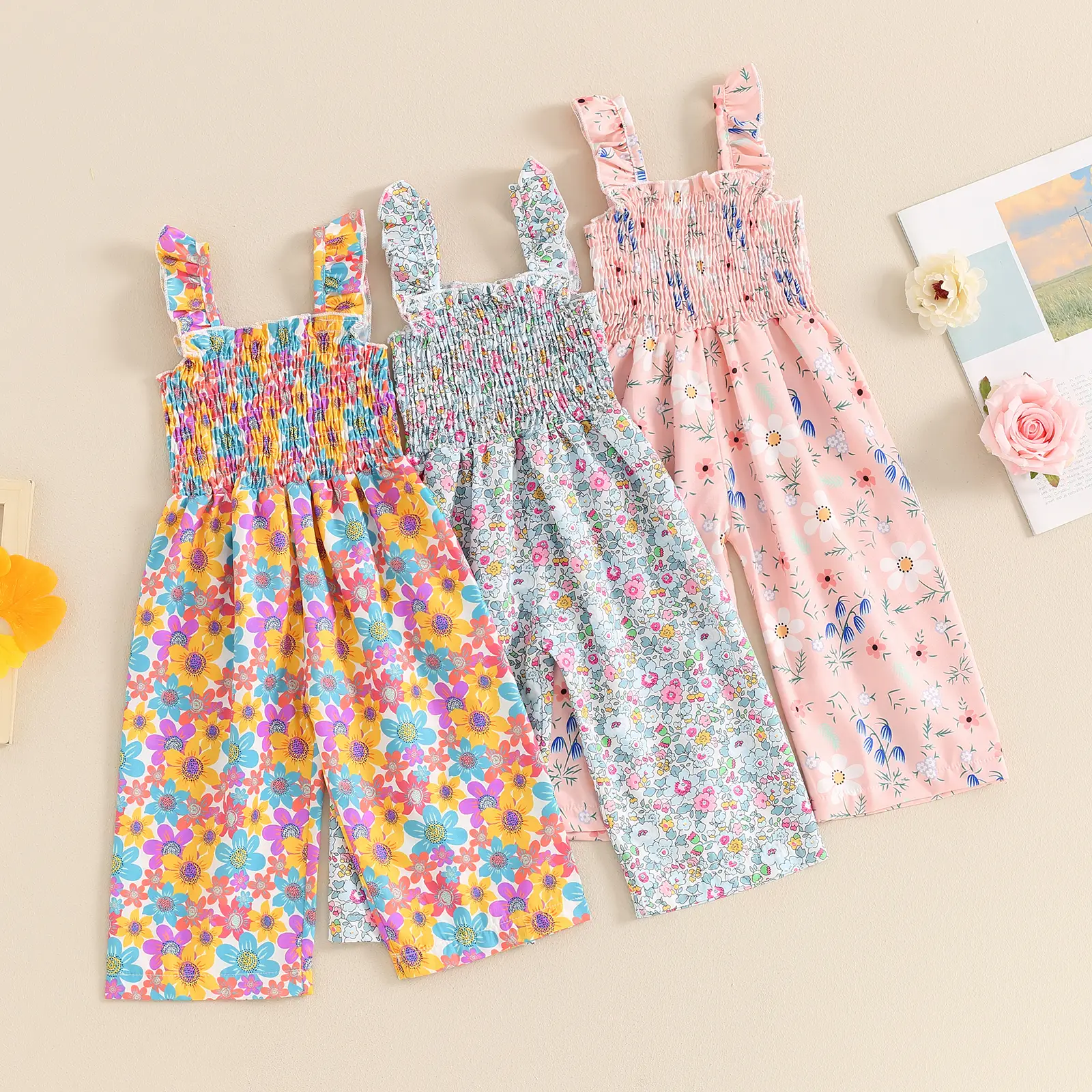 Toddler Baby Girl Summer Outfits Ruched Floral Print Sleeveless Romper Wide Leg Jumpsuit Cute Infant Overalls