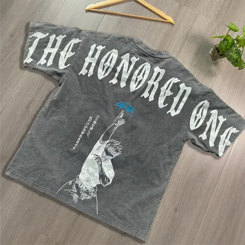 Men's Jujutsu Kaisen Gojo The Honored 1 Inspired Acid Wash Vintage Streetwear T-Shirt - Menswear Top, Male Clothing, All Seasons Casual Round Neck Short-Sleeve Tshirt