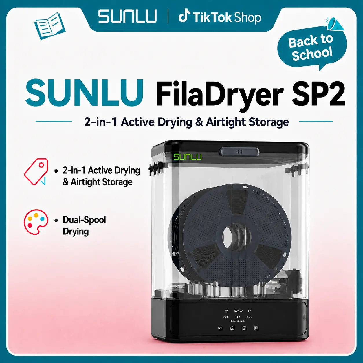 SUNLU FilaDryer SP2, 2-in-1 Filament Dryer Combine with Storage Box, Compatible with spool size 1kg×2 or 2kg×1 or 3kg×1,back to school,back to school haul