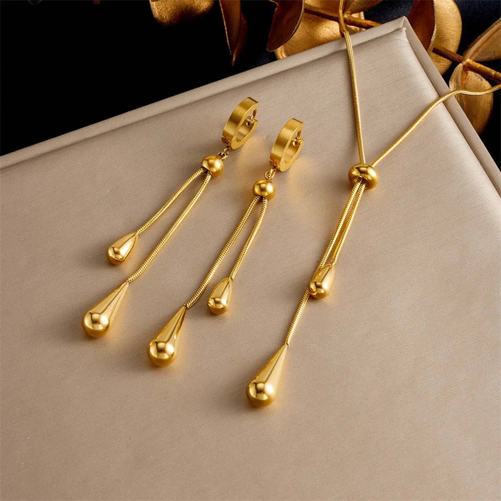 Women's 2-Piece Matching Set, Contemporary Teardrop Necklace & Earrings in Gold-Tone, Adjustable Chain for Female Casual Style, Daily, Elegant