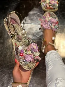 Bohemian Handmade 3D Fabric Flower Rhinestone Flat Sandals Floral Two-Way Slippers Vacation Style Rope Sole Women's Shoes