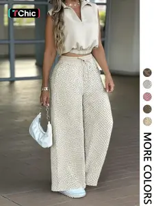 2-Piece Women's Casual Commuter Geometric Set, Womenswear Sleeveless Collared Waist-Defined Top with High-Waisted Drawstring Adjustable Wide-Leg Pants