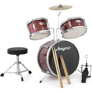 3 Piece Kids Drum Set With Cymbal-2 Drumsticks-Pedal-2 Toms-Throne Stool-Musical Instruments For Boys And Girls-Red Durable Wooden
