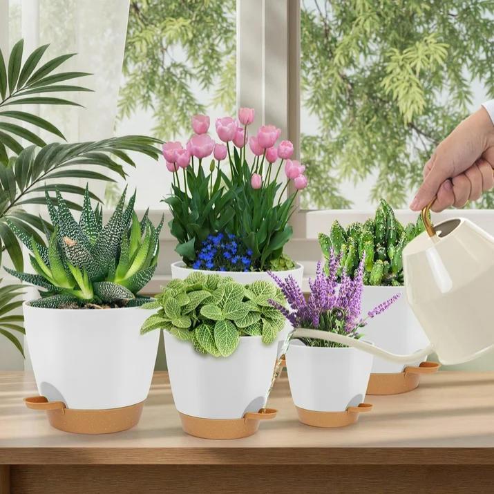 Set of 5 Self-Watering Plant Pots (7", 6.5", 6", 5.5", 5") – Plastic Flower Pots for Indoor & Outdoor Succulents, Includes Nitrile Gloves
