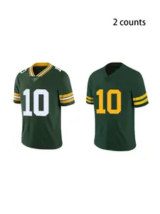 Men's 10 Green American Football V Neck Short Sleeve Embroidered Sports T-Shirt,Casual Loose Fit Jersey, Kint Fabric, Apparel Jersey