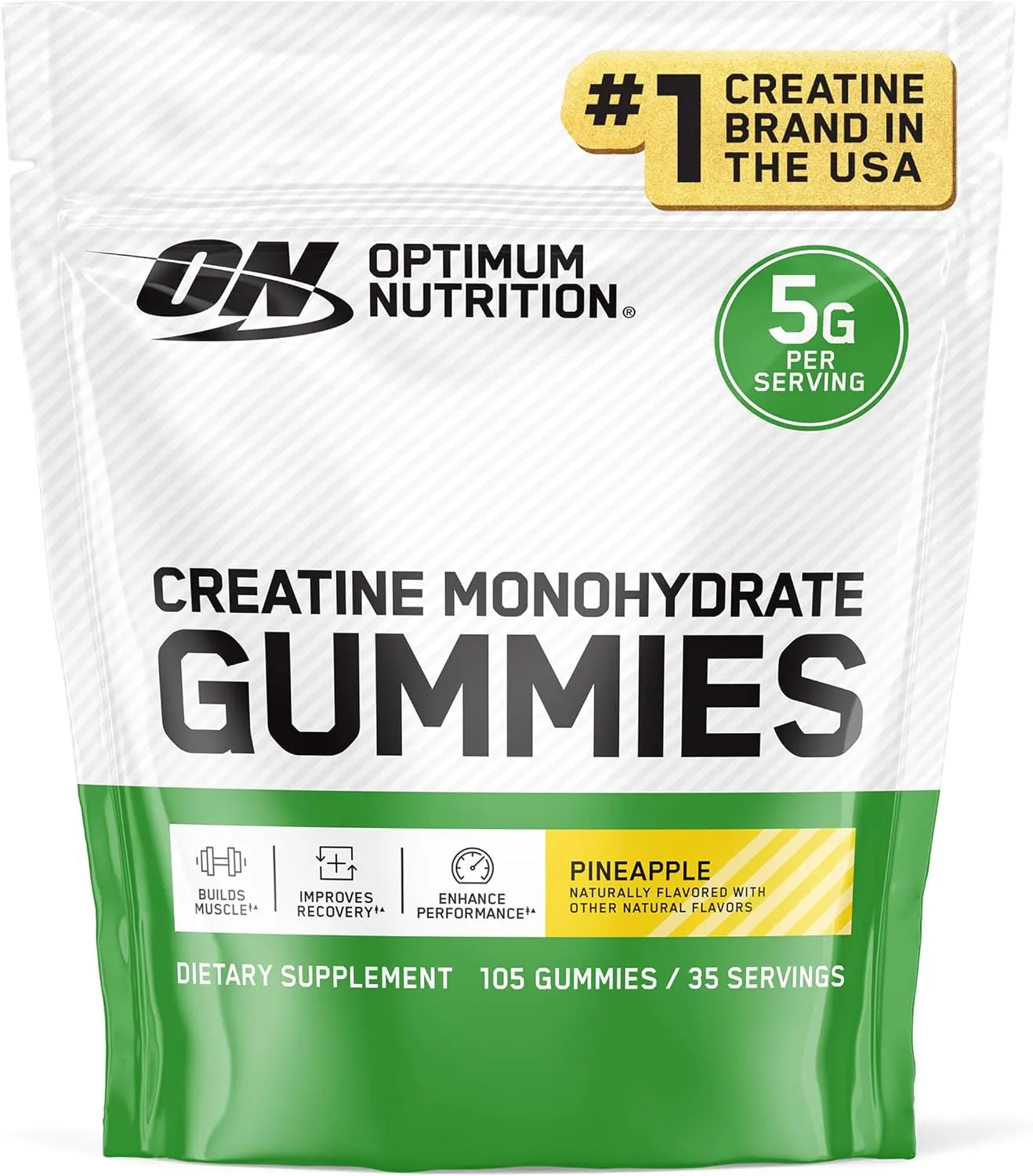 Optimum Nutrition Creatine Monohydrate Gummies, Pineapple Flavor, 105 Count, 35 Servings, 5g Creatine per Serving (Packaging May Vary) | Great-tasting Gummy with 5g Creatine Per Serving, Naturally Flavored, Supports Muscle Strength, Aids Workout Recovery