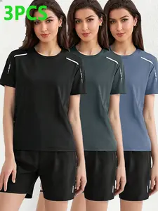 3pcs Women's Sports Running Short Sleeve T-Shirt Simple Stretch Breathable Tops Suitable For Spring And Summer