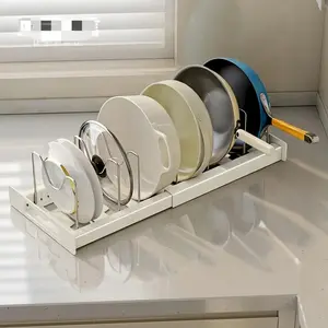 Expandable Pot and Pan Organizer Rack for Cabinet, Pot Lid Organizer Holder with 7 Stainless Steel Adjustable Dividers for Kitchen Cabinet Organizer and Storage,ideal for Baking Pans ,Gifts for Mom(White)