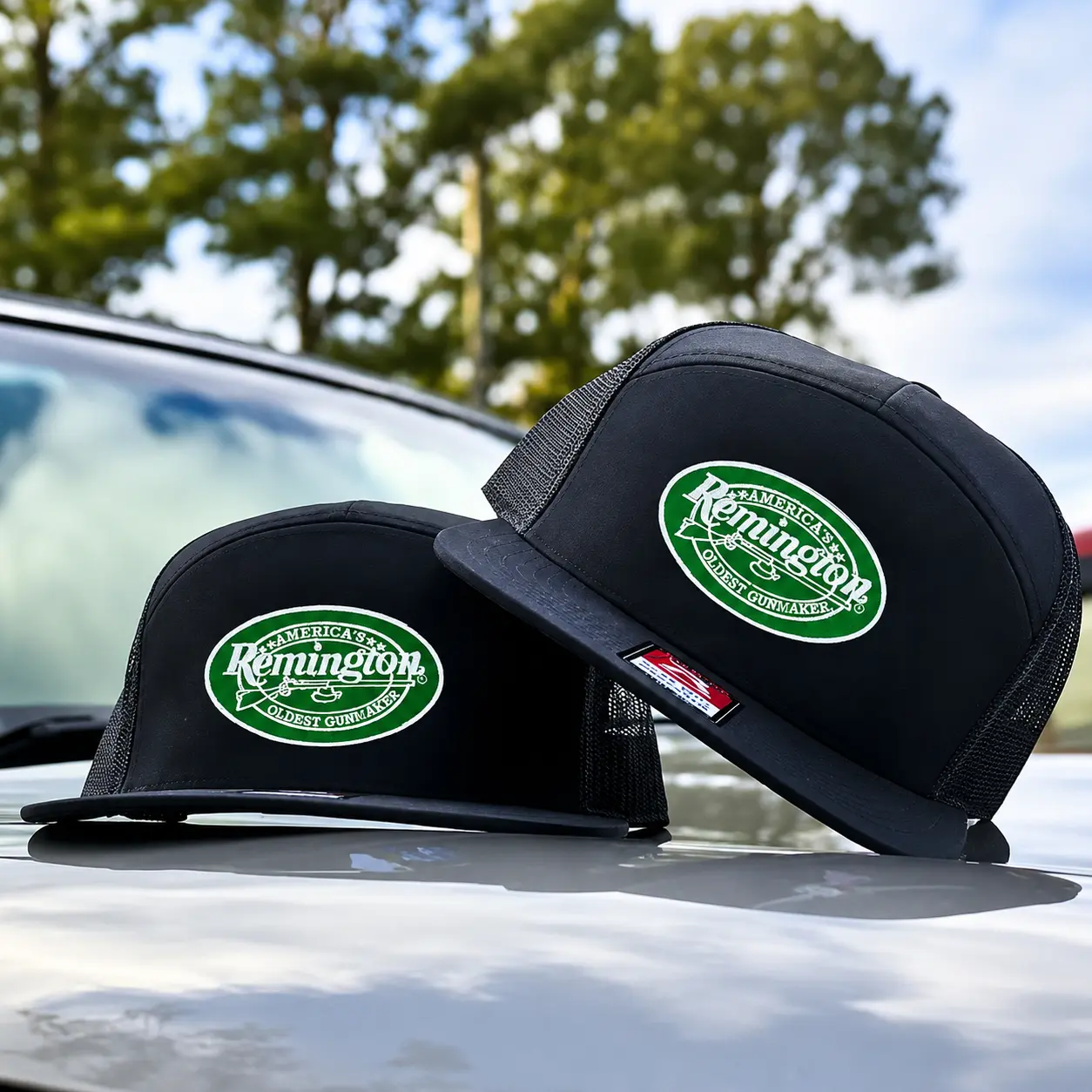 Old School Remington Hat | 7 Pannel Khaki Brown Trucker Cap | Vintage Mens Outdoor Snapback